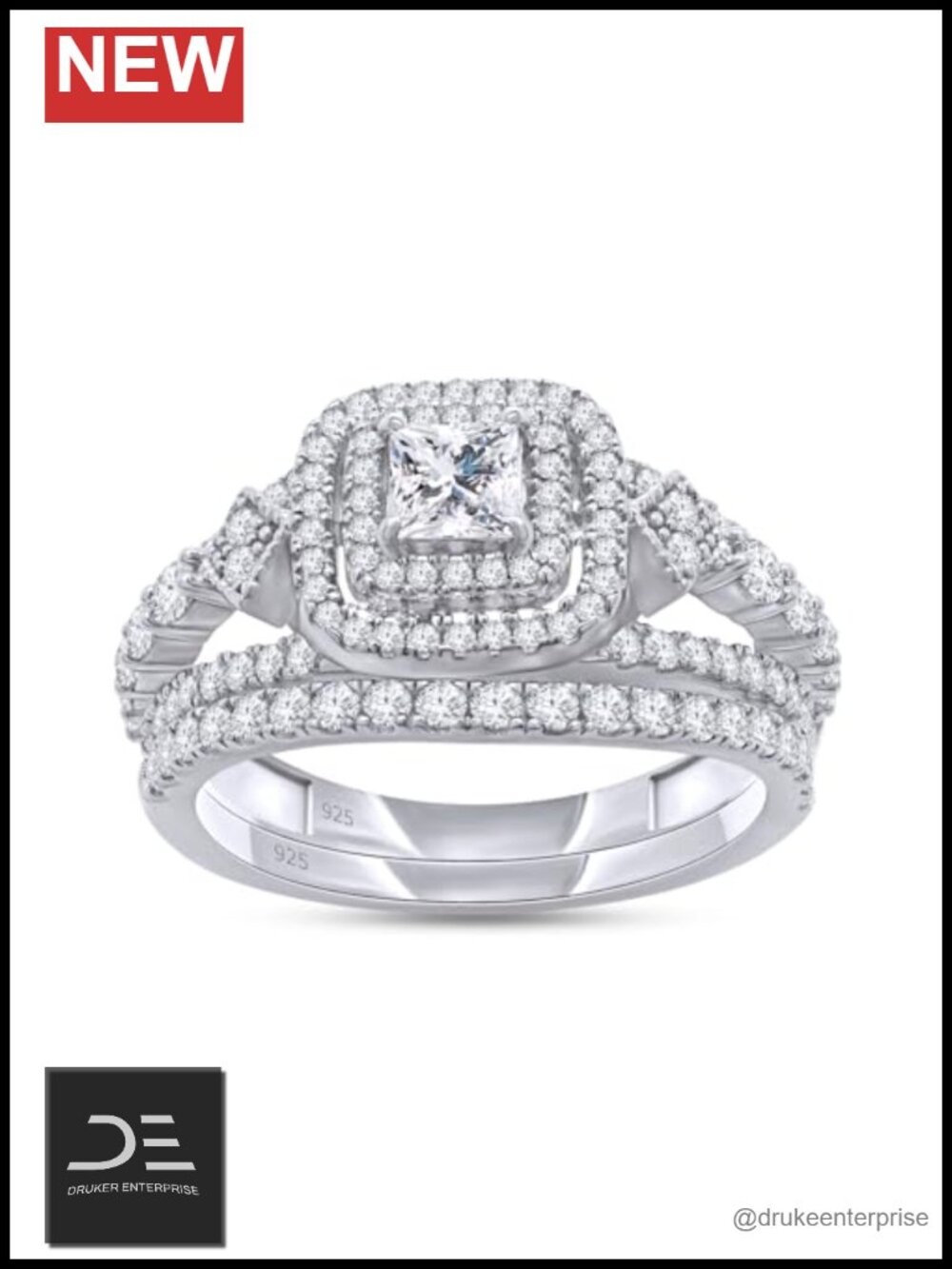Double Halo Bridal Engagement Ring Set 1.10ct Moissanite